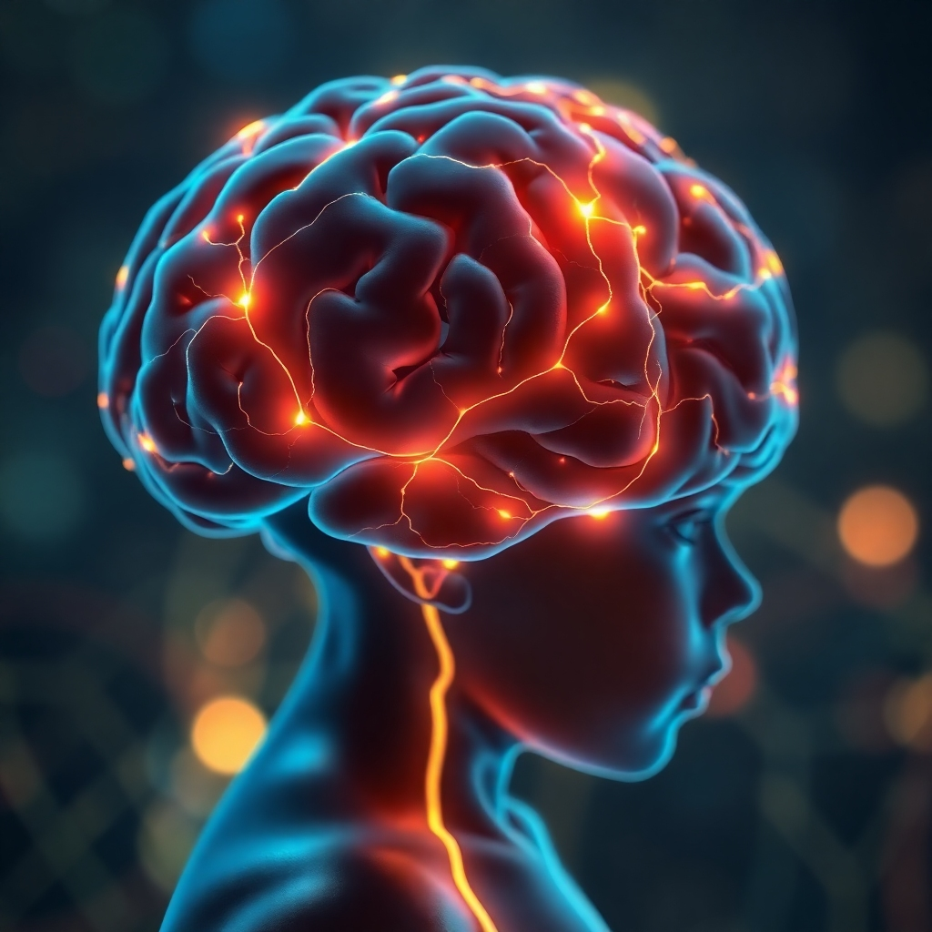 Create a visual representation of a child's brain with glowing pathways, representing new neural connections being formed. Old, dark pathways are fading away, replaced by bright, vibrant ones. Use a combination of realistic and abstract elements in 4K.