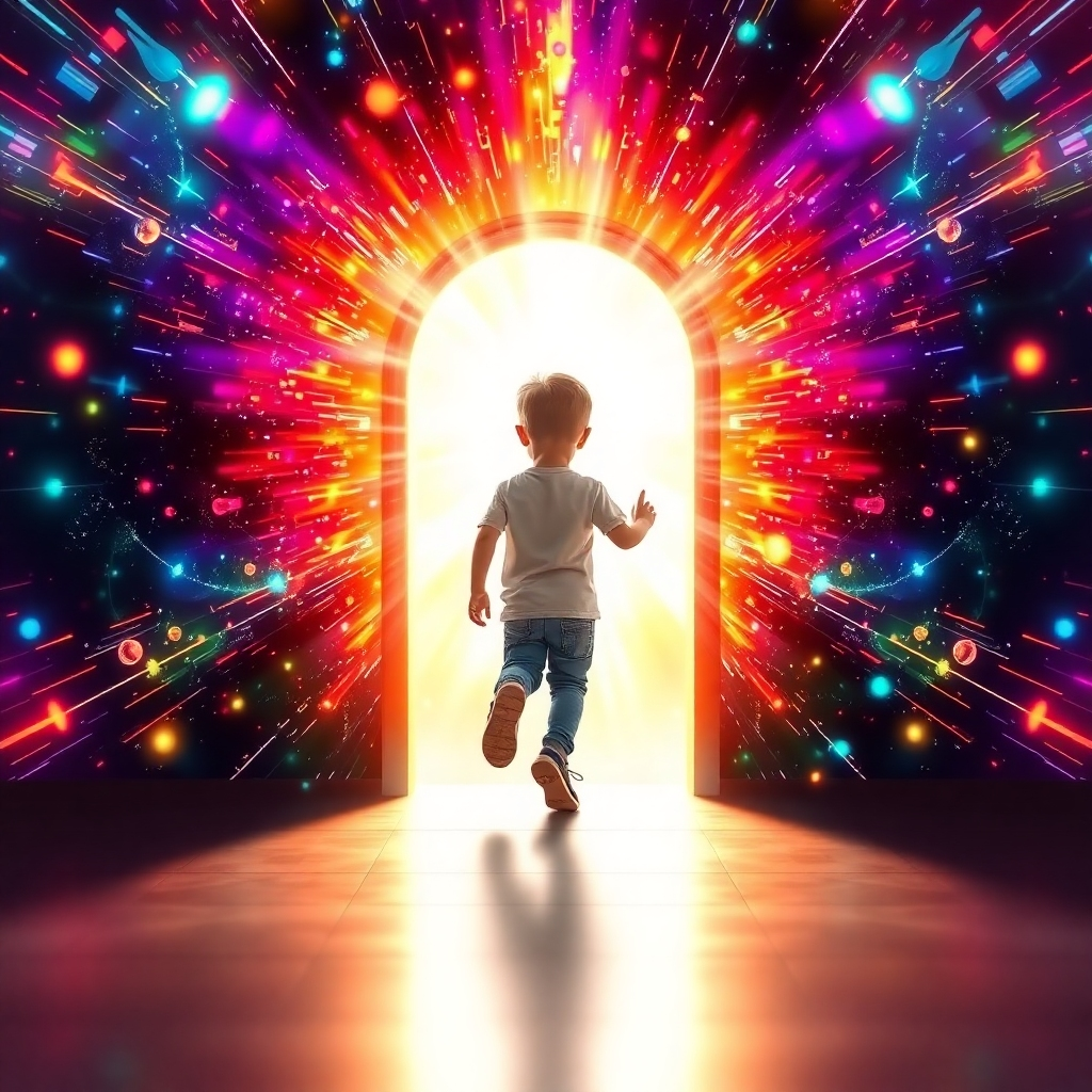 Create a visual representation of a child stepping through a portal of light into a vibrant, successful future. The portal is framed by abstract quantum energy patterns. Use bright, dynamic colors and a sense of movement in 4K.
