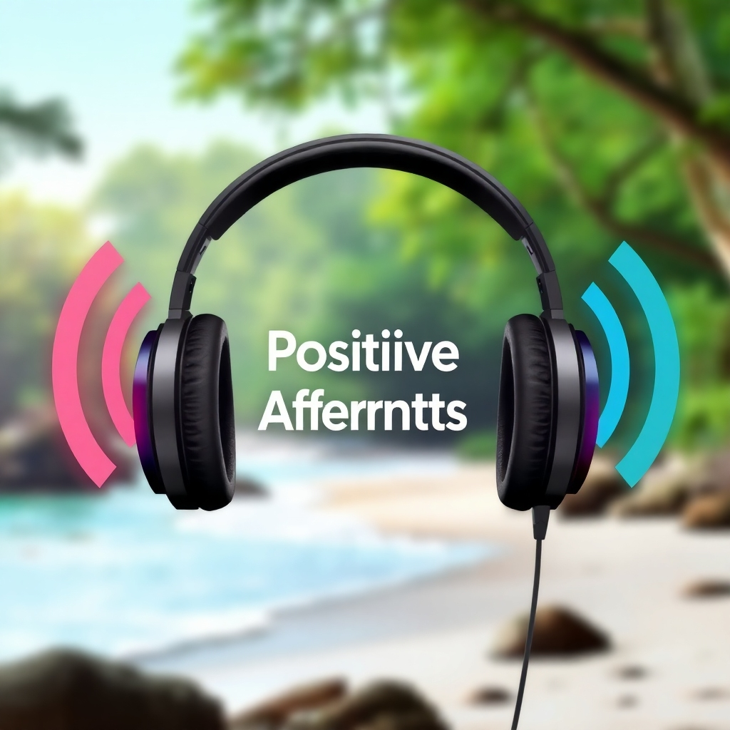 Create a visually appealing image of headphones with sound waves emanating from them. The sound waves should be stylized and colorful, representing the positive affirmations. The background should be a peaceful and relaxing environment, such as a beach or forest.