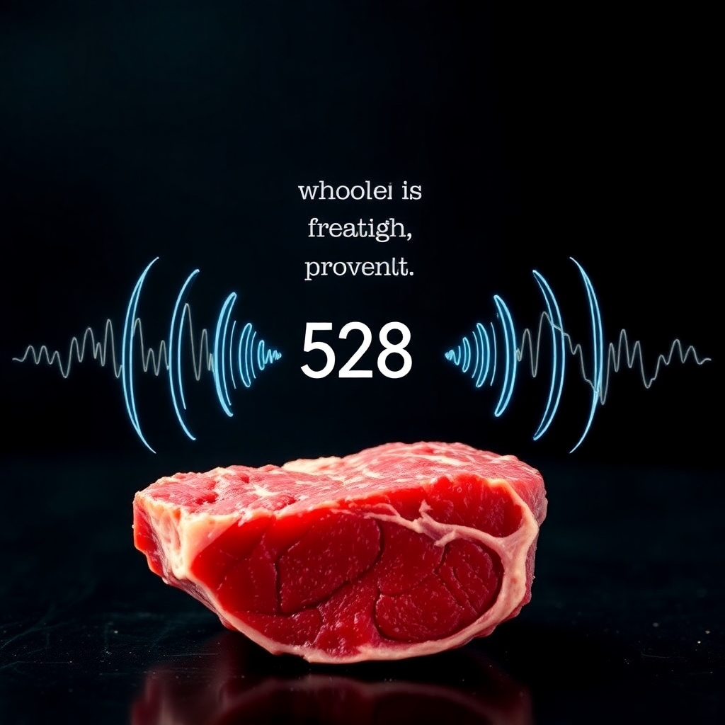 Create a visually striking image showing three elements converging: a cut of raw meat, a pair of lips uttering an affirmation, and 528Hz sound waves emanating outwards. Combine and arrange these elements to symbolize synergistic healing from the carnivore diet, affirmations, and sound frequency. The image should evoke a sense of wholeness and empowerment.