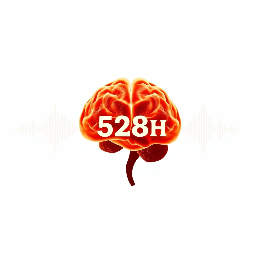 Create a visually symbolic image that combines three elements: a piece of raw meat, a glowing brain silhouette, and sound waves representing 528Hz frequency. Arrange these elements in a harmonious composition, symbolizing the integration of diet, mind, and sound for holistic well-being. The background should be a neutral color, allowing the elements to stand out.