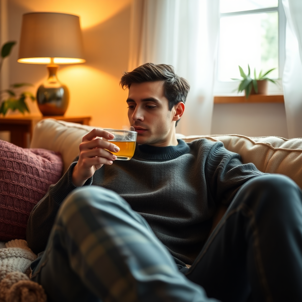 Create a warm and inviting image of a person safely consuming cannabis in a private residence. They are seated on a comfortable sofa with a cup of tea, illustrating a responsible and controlled environment. Soft, diffused lighting should enhance the relaxing atmosphere. 4K resolution.