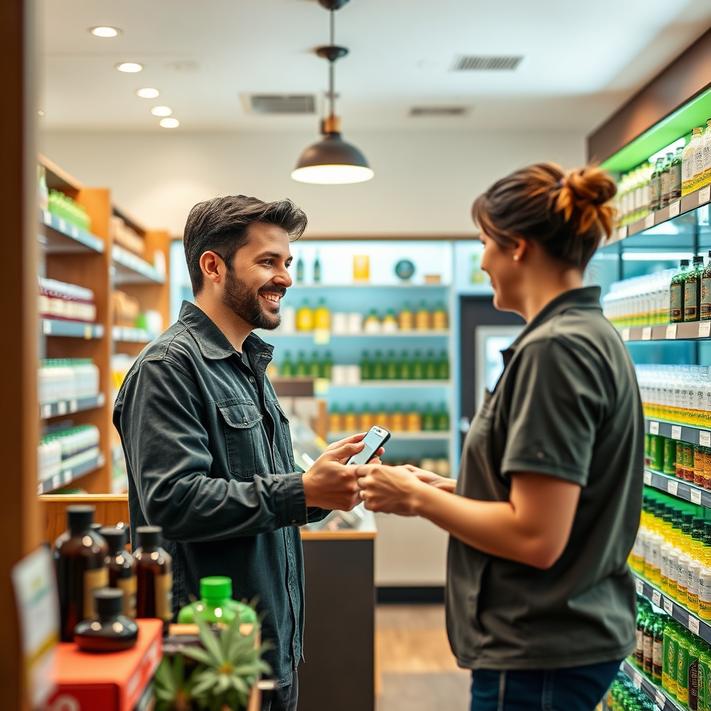 Create a warm and inviting image of a licensed cannabis dispensary interior. Focus on a friendly budtender assisting a customer with selecting products. The dispensary should be clean, well-organized, and brightly lit. The color palette is inviting and natural, with pops of green and vibrant product colors. Camera angle is mid-range, capturing the interaction between the budtender and customer. Textures should be realistic, emphasizing the quality of the products and the professionalism of the dispensary. Use a style similar to modern retail photography. Reference images include high-end cannabis dispensaries. The overall feeling should be safe, welcoming, and informative.