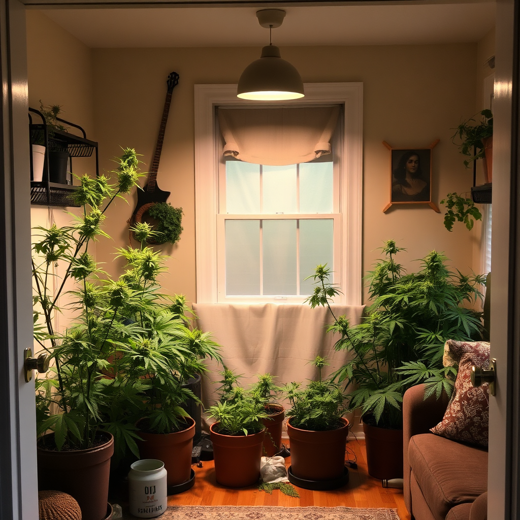 Create a warm and inviting scene inside a Norfolk home, showcasing a successful and legal cannabis grow operation. The plants are healthy and thriving, and the atmosphere is relaxed and comfortable. The color palette should be dominated by greens and natural tones. The style should evoke a sense of self-sufficiency and empowerment.