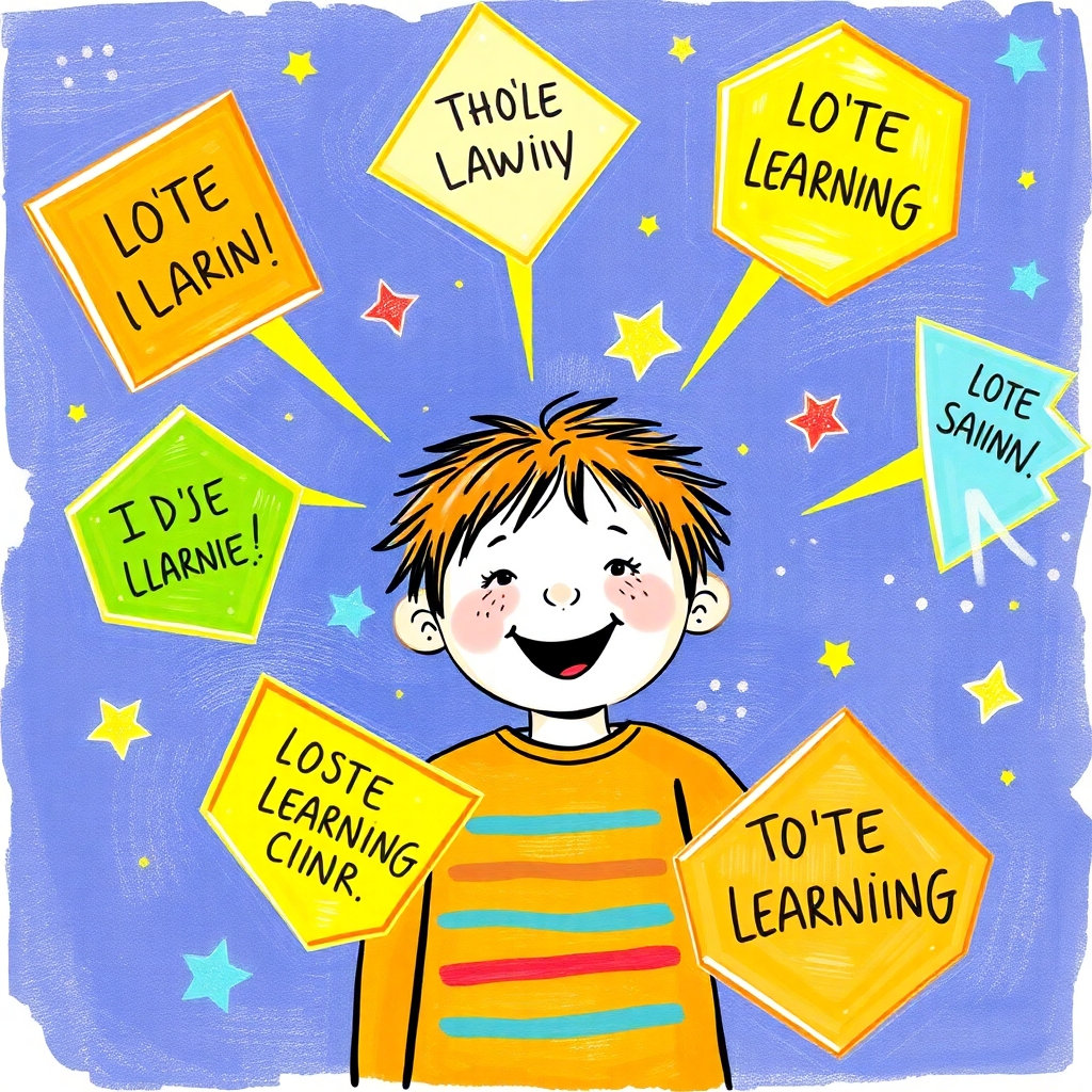 Create a whimsical image featuring a child surrounded by glowing geometric shapes, each emitting a positive affirmation. Use bright, cheerful colors and a playful, expressive art style to capture the joy of learning.