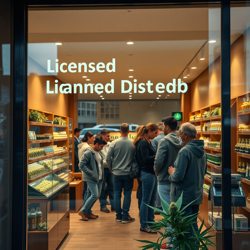 Create an 8K, hyperrealistic photograph for the Norfolk City Cannabis Hub. The scene depicts a modern, well-lit storefront with the words 'Licensed Dispensary' subtly displayed. Focus on a diverse group of friendly adults browsing cannabis products inside. Through the window, show a glimpse of the Norfolk cityscape, slightly blurred to maintain focus on the interior. Lighting should be warm and inviting, highlighting the quality and variety of products. The color palette is natural and earthy, with pops of green and vibrant cannabis flower colors. Camera angle is from a slightly elevated position outside the store, offering a clear view inside. Textures should be realistic, from the wooden shelves to the glass displays and the cannabis products themselves. Include cannabis leaf details and dispensary signs. Use a style similar to modern retail photography, emphasizing transparency and professionalism. Reference images include high-end cannabis dispensaries in Colorado and California. The overall feeling should be welcoming, safe, and informative.