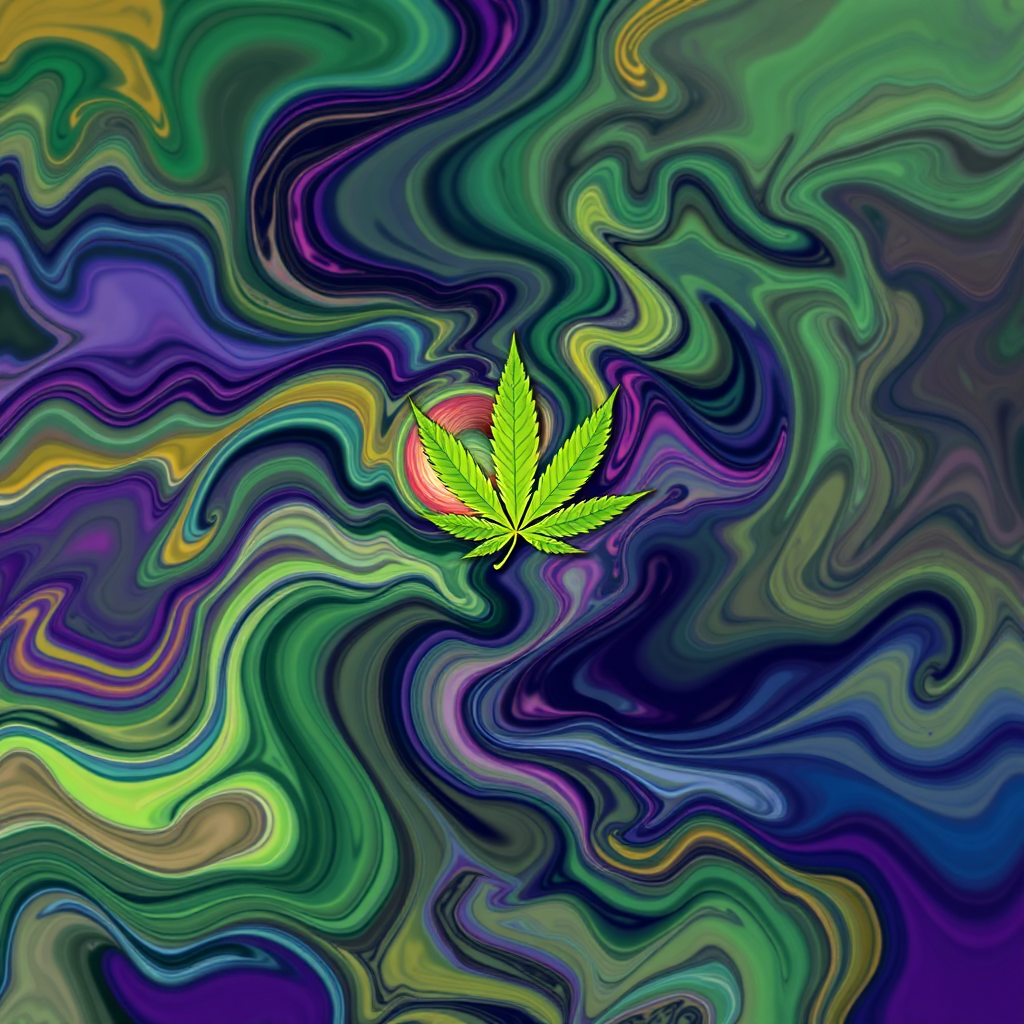 Create an abstract image representing the different effects of cannabis on the mind and body. Use swirling colors and shapes to convey a sense of euphoria, relaxation, and creativity. The overall style should be psychedelic and visually stimulating.