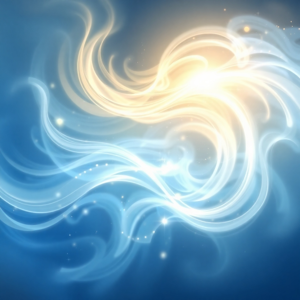 Create an abstract image representing the healing power of angelic frequencies. Use swirling patterns of light and color, primarily in shades of light blue, white, and gold. The image should evoke a sense of peace and tranquility, with flowing, ethereal shapes. Subtle sparkles and glowing effects enhance the angelic quality of the frequency. Abstract digital art, high resolution.