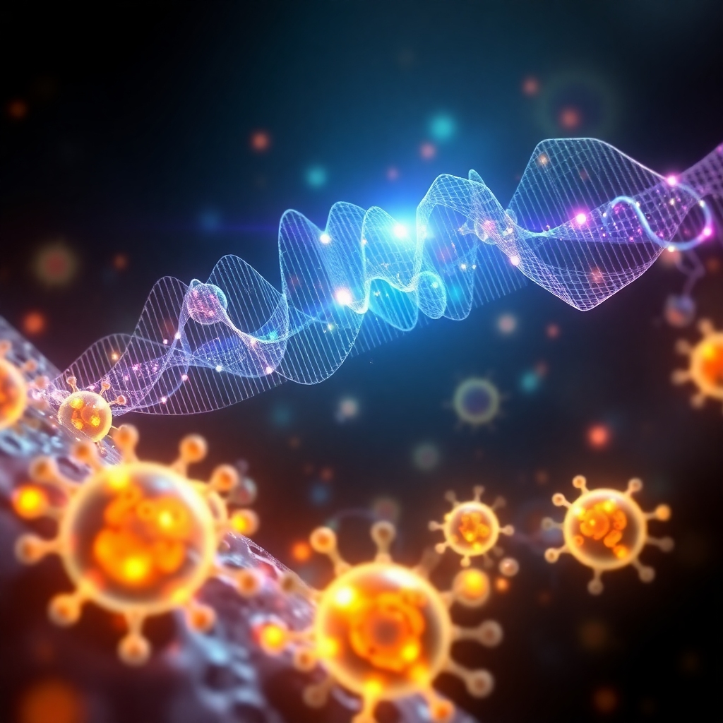 Create an abstract image representing the scientific aspect of healing frequencies. Visualize sound waves interacting with cells, depicted as vibrant, interconnected structures. Use a dark background with glowing elements to create a sense of depth and scientific intrigue. Render in 4K resolution.