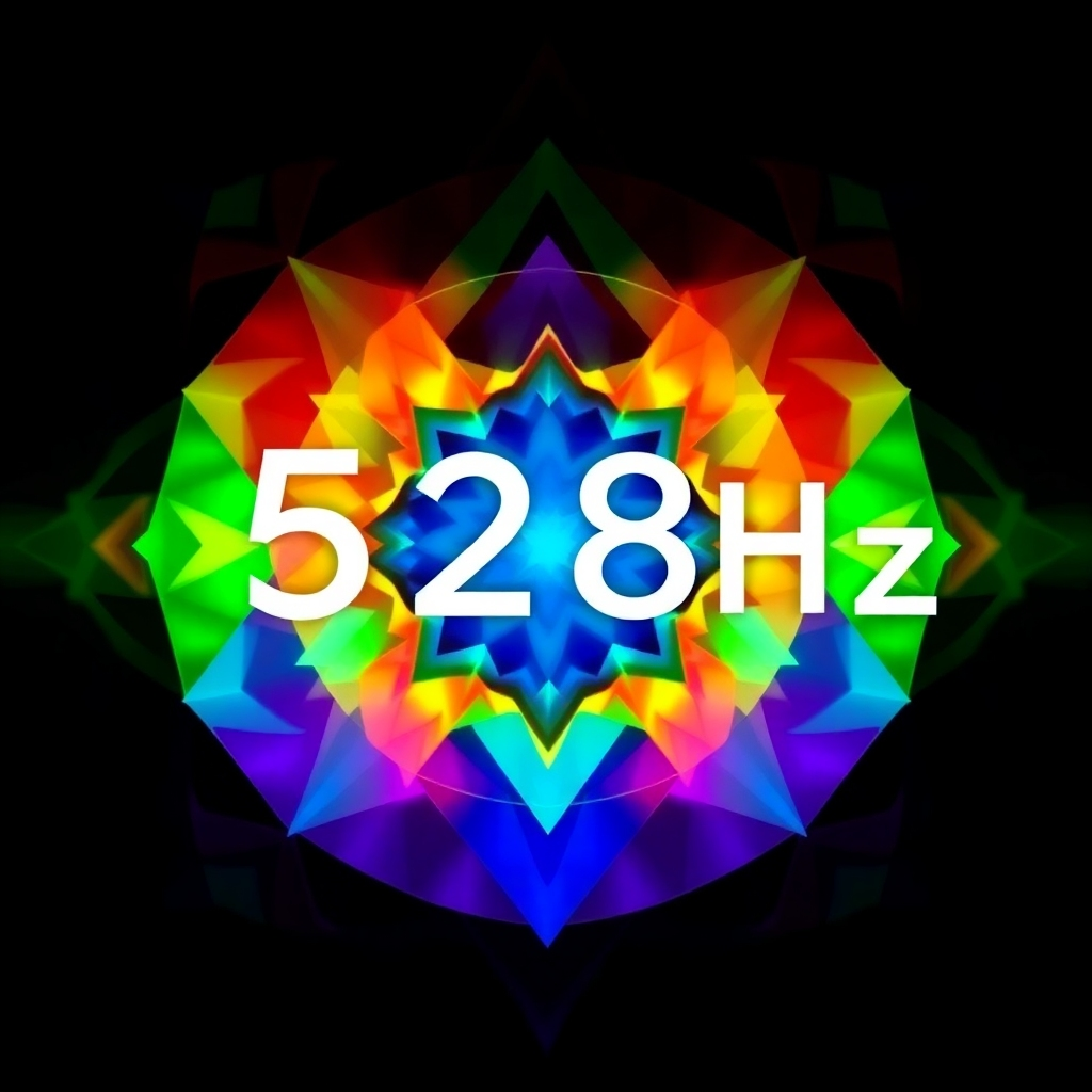 Create an abstract image representing the 528Hz frequency. The image should feature vibrant colors and geometric patterns that evoke a sense of harmony and balance. The background should be dark and contrasting, highlighting the energy of the frequency.