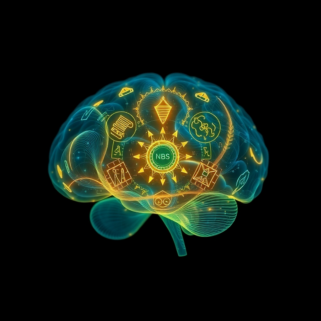 Create an abstract, photorealistic image of a blueprint overlaid on a human brain. The blueprint reveals symbols representing key aspects of the subconscious mind. The background is dark, highlighting the glowing blueprint. Use a color scheme of deep blues, greens, and golds. The camera angle is a close-up, emphasizing the intricate details. References include architectural blueprints and brain scan images. The image should convey discovery and understanding.