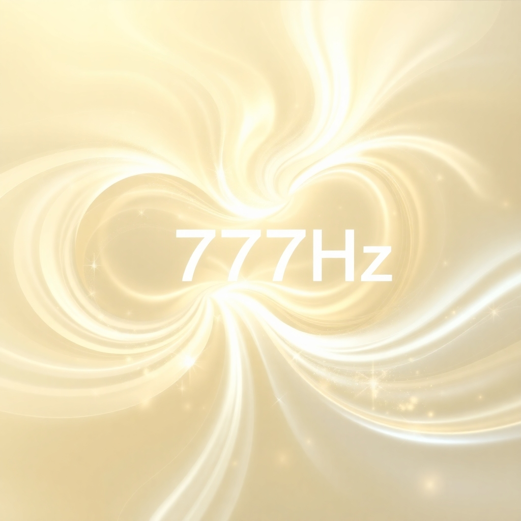 Create an abstract visual representation of the 777Hz frequency. Use swirling patterns of light and color, primarily in shades of gold, white, and light blue. The image should evoke a sense of calmness and serenity, with flowing, organic shapes. Subtle sparkles and glowing effects enhance the angelic quality of the frequency. Abstract digital art, high resolution.