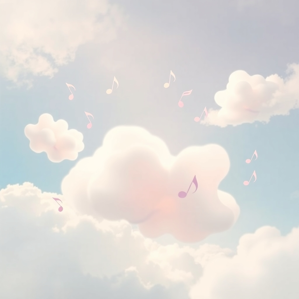 Create an artistic image with soft, ethereal shapes floating in a pastel-colored sky, musical notes gently orbiting the shapes. Use light and airy colors to evoke a sense of peace and tranquility. The overall style should be dreamy and serene.