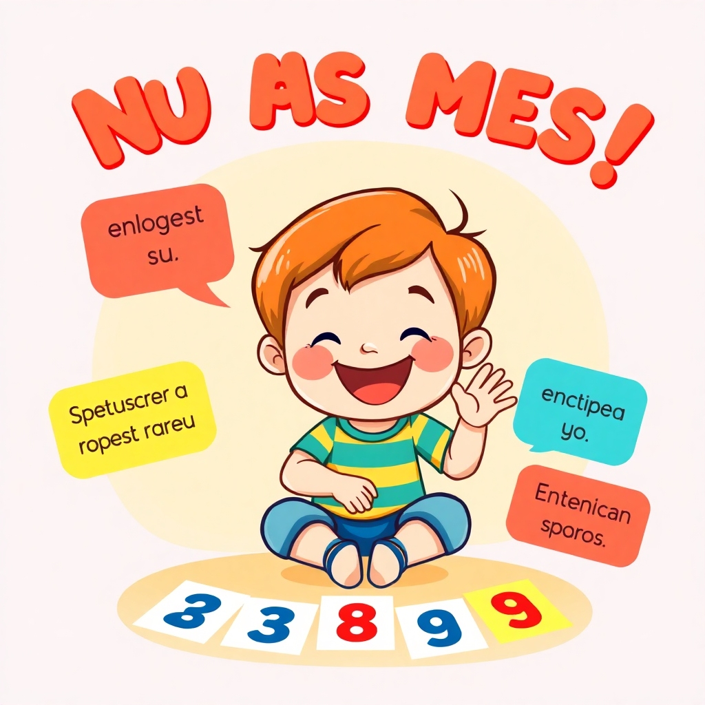 Create an illustration of a child happily engaging in a game that involves Spanish numbers and positive messages, vibrant colors, playful style