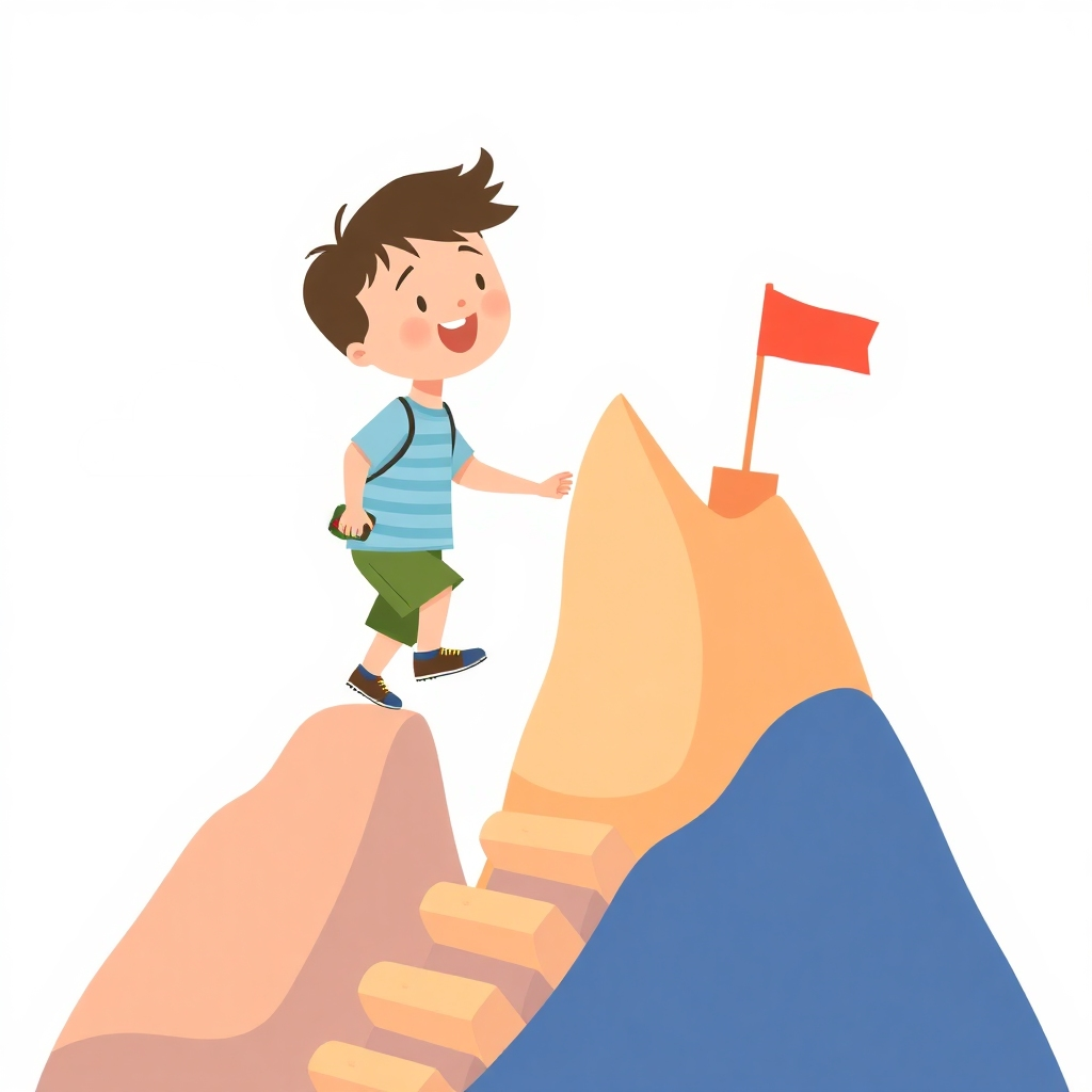 Create an illustration of a child overcoming an obstacle, perhaps climbing a small mountain or solving a puzzle. The style should be whimsical and uplifting, using bright colors and simple lines. The image should symbolize resilience and perseverance. Resolution: 4K. Style: Whimsical illustration. Color palette: Bright and cheerful.