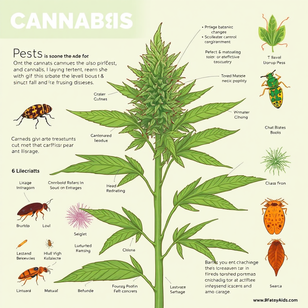 Create an illustrative guide to common cannabis pests and diseases, showing their identifying features and effective control methods. Use clear and concise visuals to aid in identification and treatment. The style should be informative and practical.