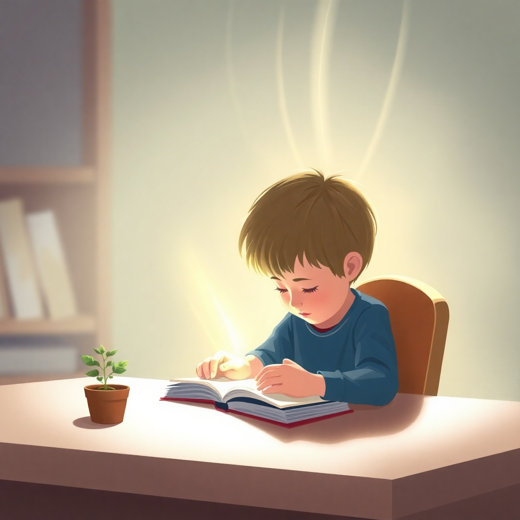  Create an image depicting a child sitting at a desk, intently focused on a book. Soft, glowing lines of light emanate from the book, symbolizing knowledge and focus. The background is slightly blurred, drawing attention to the child's concentration. The color palette should be calm and soothing, promoting relaxation and focus. The style should be slightly stylized, with a hint of fantasy, to capture the imagination of children. Include subtle details, such as a small plant on the desk, to create a sense of tranquility.