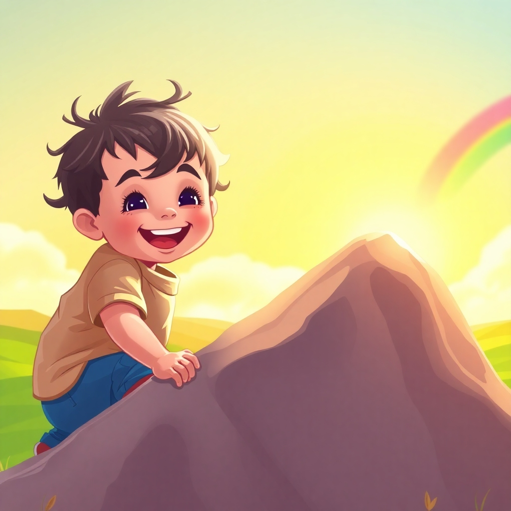  Create an image depicting a child climbing a small hill, representing a challenge. The child is smiling determinedly, reaching for the top. The background is a bright, sunny landscape, symbolizing hope and opportunity. The color palette should be vibrant and uplifting, conveying a sense of optimism and perseverance. The style should be photorealistic, but with a touch of whimsy, to appeal to children. Include subtle details, such as a rainbow in the distance, to symbolize overcoming obstacles.