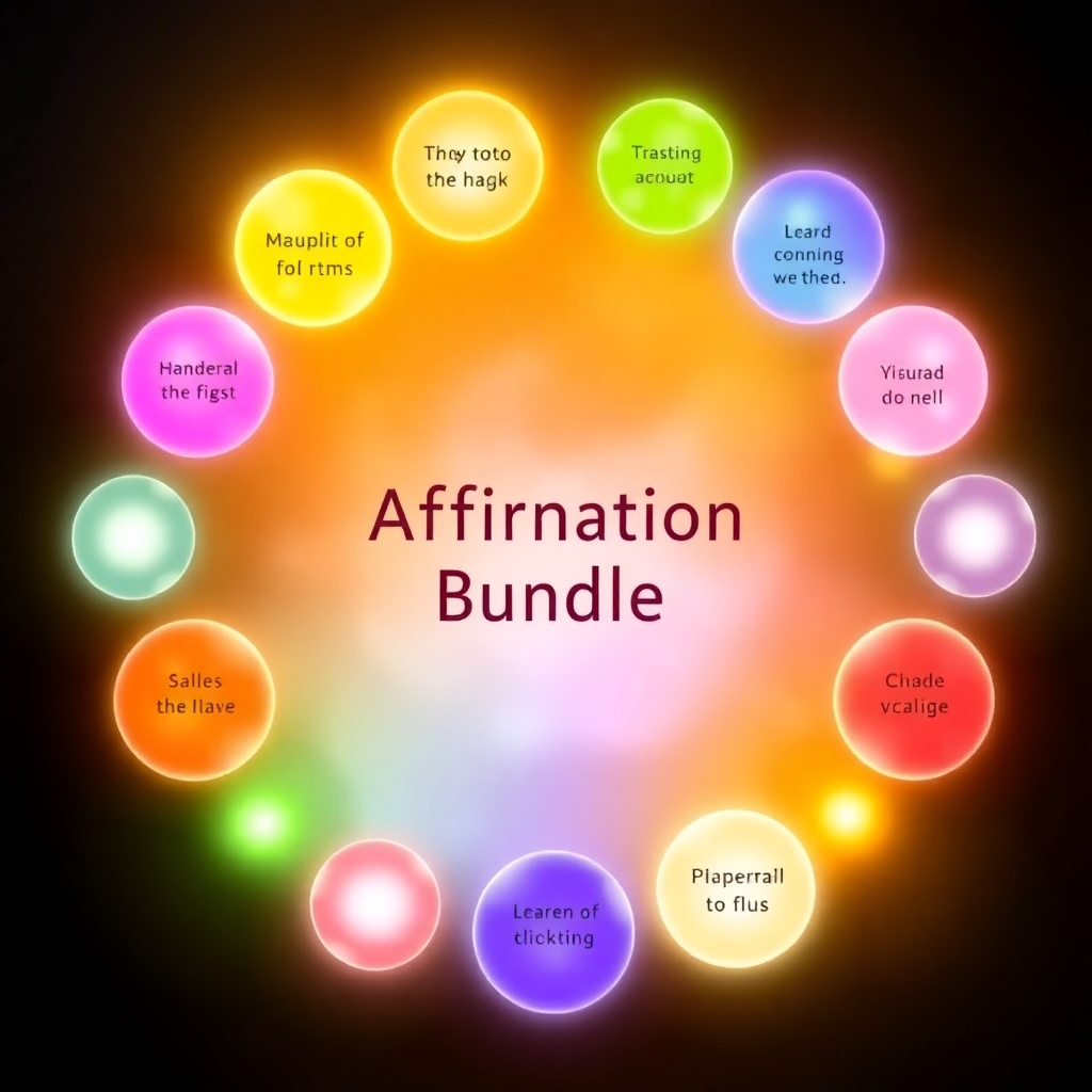 Create an image depicting a collection of glowing orbs, each representing a different affirmation bundle. The orbs are arranged in a harmonious circle, symbolizing balance and well-being. The color palette should be vibrant and varied, reflecting the diversity of the bundles.