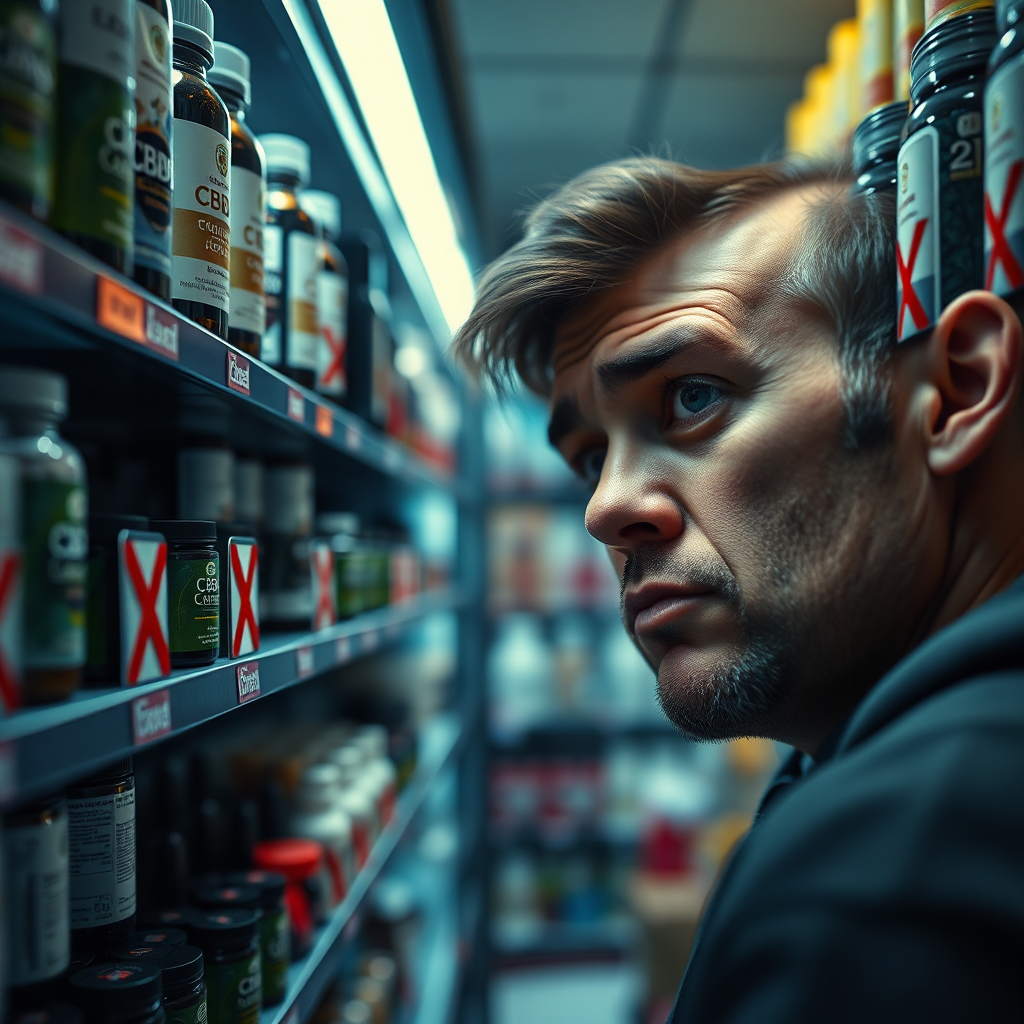 Create an image depicting a consumer looking at a shelf of CBD products, with some products marked with red 'X's, symbolizing restrictions. The consumer's face should express confusion and concern. The lighting should be dim and uncertain. Color palette: Primarily blues and grays, with accents of red. Camera angle: Eye-level, focusing on the consumer's expression. Technical specs: 4K resolution, high quality, photorealistic.