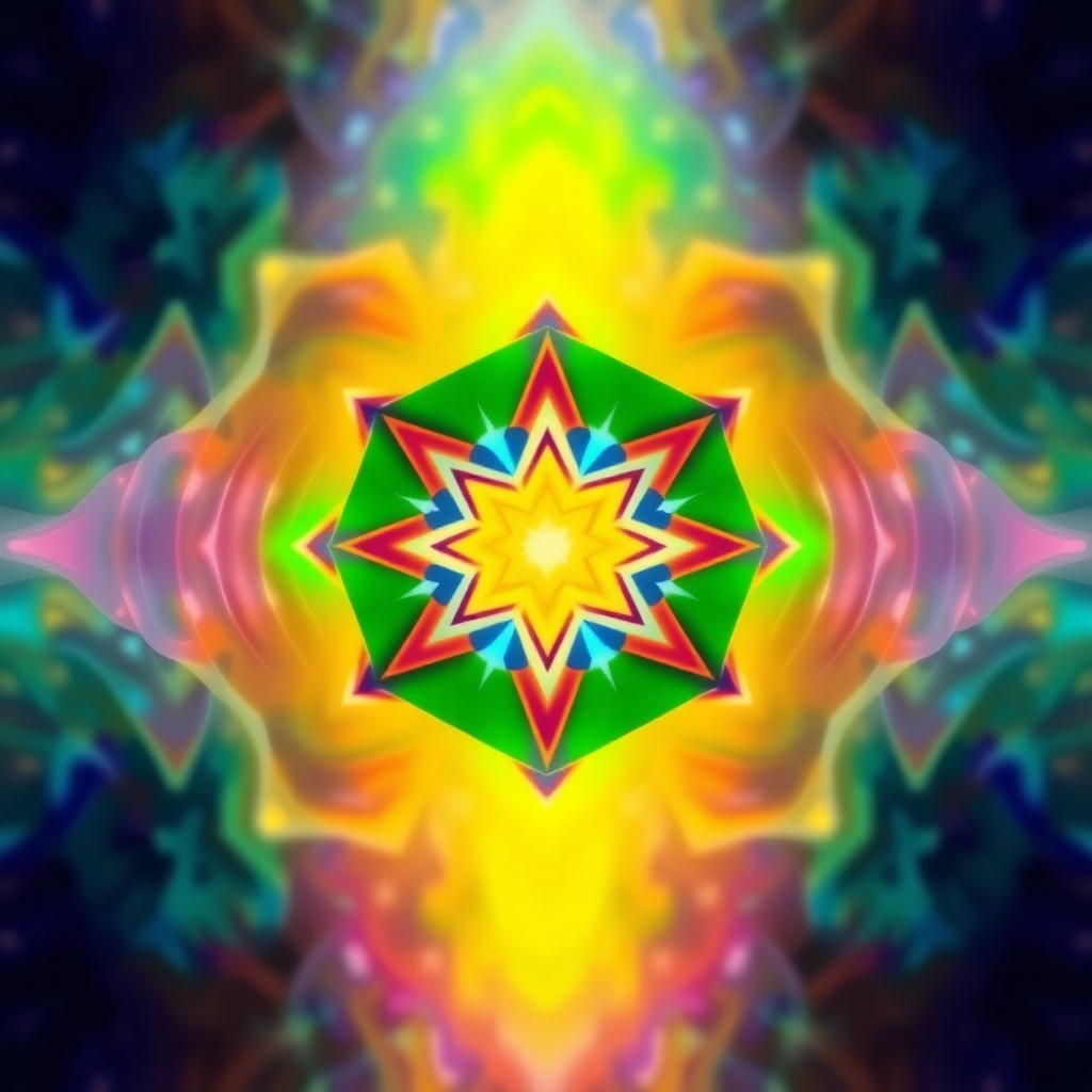 Create an image depicting a geometric pattern formed by sound waves emanating from a central source. The colors should be vibrant and harmonious, representing the healing and transformative power of sound. The background could be a swirling nebula or a calming natural landscape. Style: Abstract, spiritual, and vibrant.