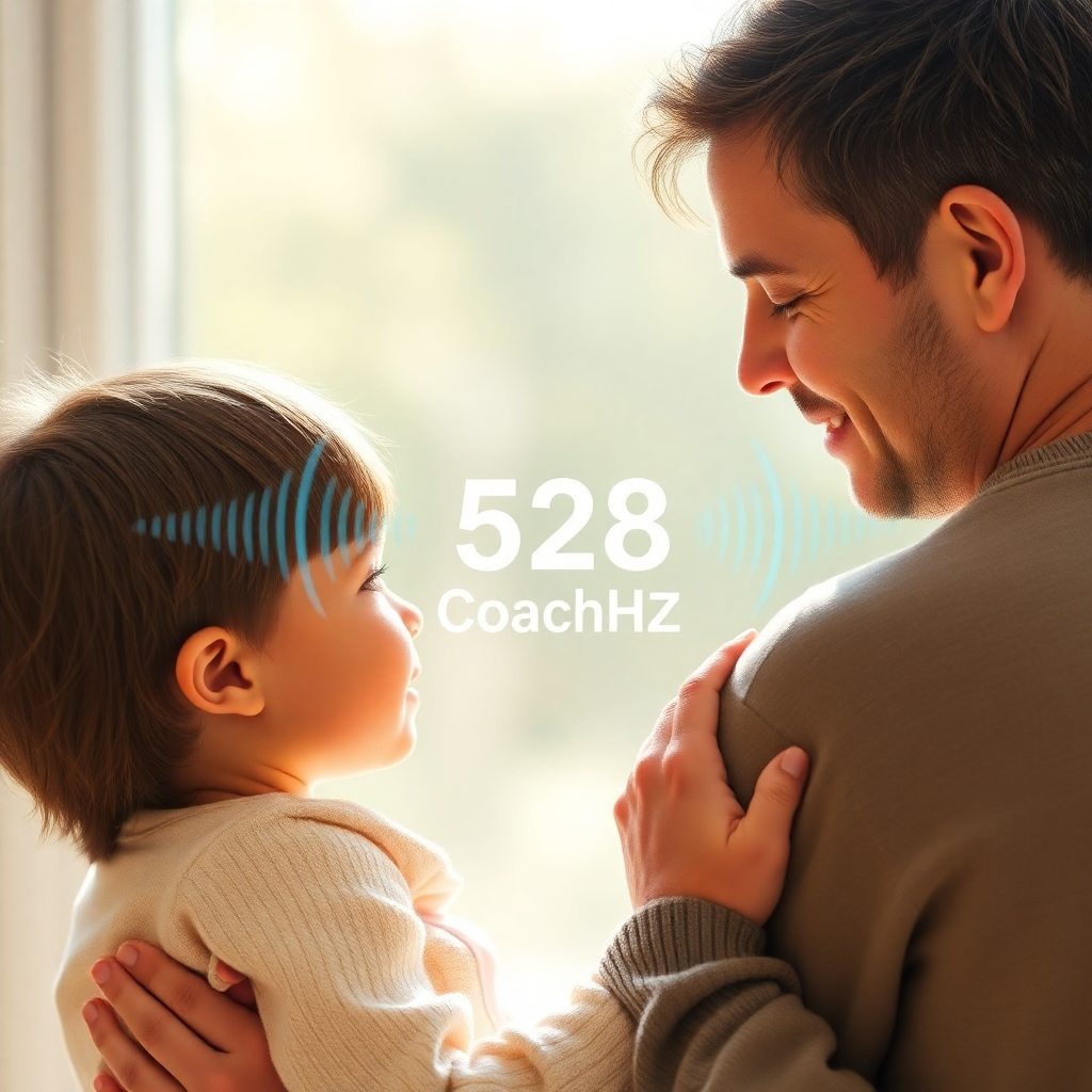 Create an image depicting a parent and child connecting warmly, with subtle sound waves of 528Hz flowing between them, symbolizing supportive coaching. The color palette should be comforting and encouraging, reflecting the nurturing aspect of parental guidance.