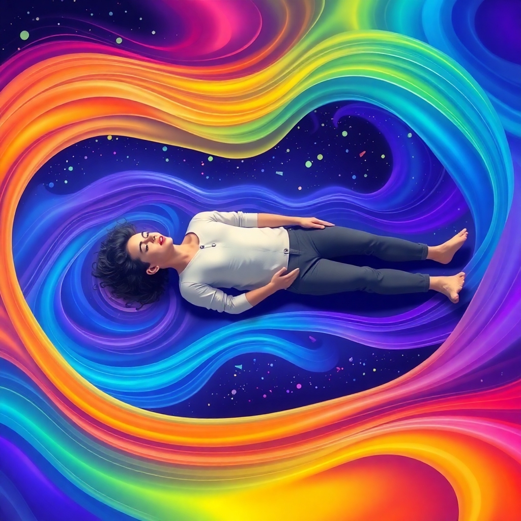 Create an image depicting a person lying down, surrounded by flowing sound waves of various colors. The waves are interacting with their energy field, creating a sense of balance and harmony. Style: Relaxing, therapeutic, and colorful.