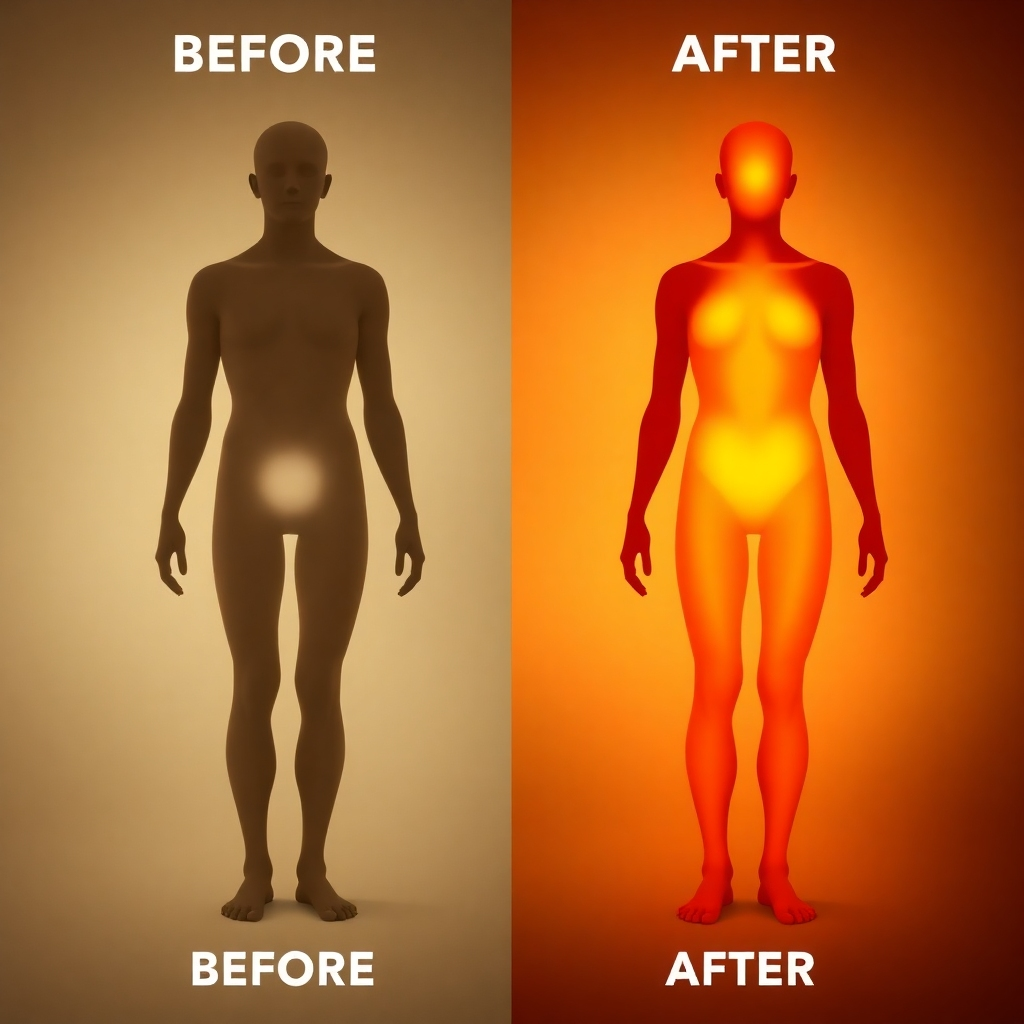 Create an image depicting a person's body gradually healing from the inside out. Use before-and-after style. On the left, a faded, desaturated image of a body silhouette. On the right, a vibrant, healthy body silhouette. Use subtle lighting and textures to convey the concept of healing and regeneration.