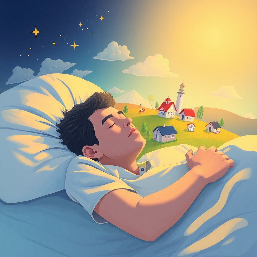 Create an image depicting a person sleeping peacefully, dreaming of their future success. The dream is visualized as a bright, vibrant landscape with symbols of their goals, such as a successful business, a loving family, or a beautiful home. The color palette should be optimistic and inspiring, conveying a sense of hope and possibility. The style should be slightly surreal, capturing the imaginative quality of dreams. Include subtle details, such as stars in the sky, to symbolize limitless potential.
