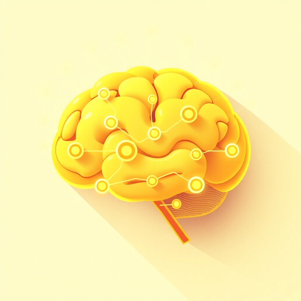 Create an image depicting a stylized brain with interconnected nodes representing different skills and abilities being activated. Soft, glowing lines of light connect these nodes, symbolizing enhanced learning. The color palette should be vibrant and uplifting, with shades of yellow, orange, and green. The style should be modern and futuristic, conveying a sense of progress and innovation. Include subtle details, such as gears and circuits, to symbolize skill development.