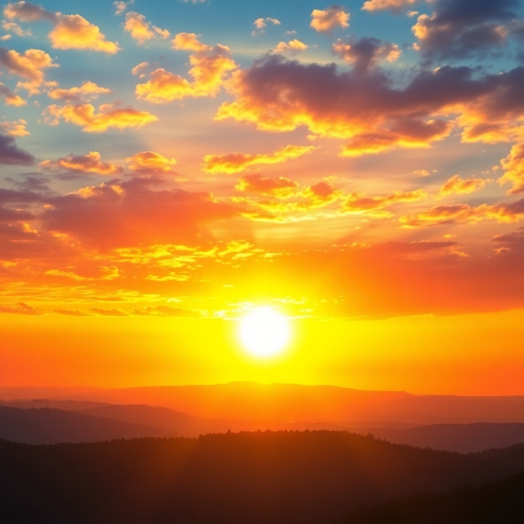 Create an image depicting a sunrise over a beautiful landscape. The sky is filled with vibrant colors, symbolizing hope and new beginnings. The sun is shining brightly, casting a warm glow over the scene. The color palette should be optimistic and uplifting, conveying a sense of positivity and energy. The style should be photorealistic, capturing the beauty and tranquility of nature. Include subtle details, such as birds singing in the background, to create a sense of peace and harmony.