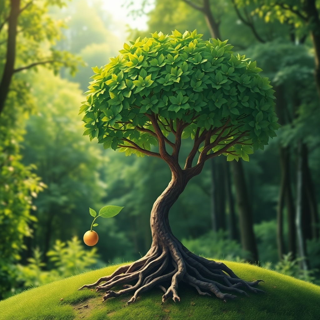 Create an image depicting a tree growing from a small seed into a strong, healthy tree with deep roots. The tree represents lasting transformation and growth. The background is a lush, green forest, symbolizing a thriving and fulfilling future. The color palette should be vibrant and natural, conveying a sense of life and abundance. The style should be slightly stylized, capturing the organic and enduring nature of growth. Include subtle details, such as sunlight filtering through the leaves, to create a sense of warmth and vitality.
