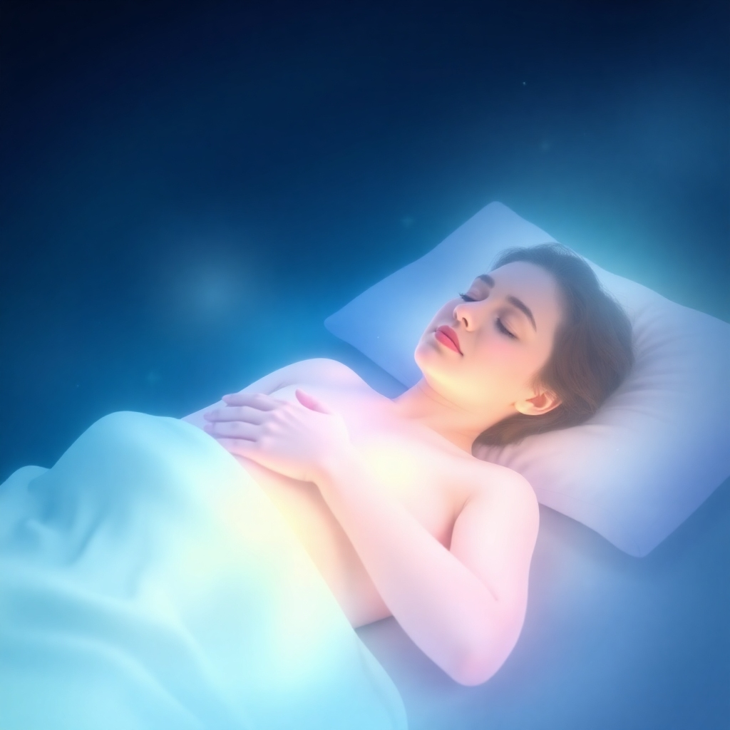 Create an image depicting gentle waves of 528Hz frequency flowing through a person's body as they sleep. The body is relaxed and peaceful, surrounded by a soft, glowing light. The color palette should be calming and soothing, with shades of blue, green, and violet. The style should be abstract and ethereal, conveying a sense of healing and tranquility. Include subtle details, such as stars in the background, to create a sense of wonder and peace. The overall mood is serene and restorative.