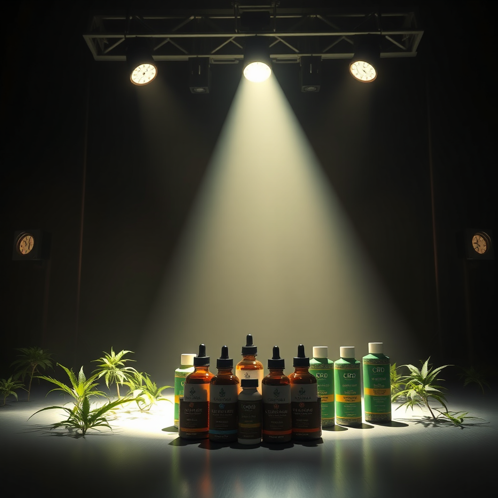 Create an image of a brightly lit stage with a spotlight on recreational cannabis. In the shadows behind the stage, a group of CBD products are being quietly removed. Style: Theatrical, dramatic lighting. Technical specs: High quality, detailed rendering.