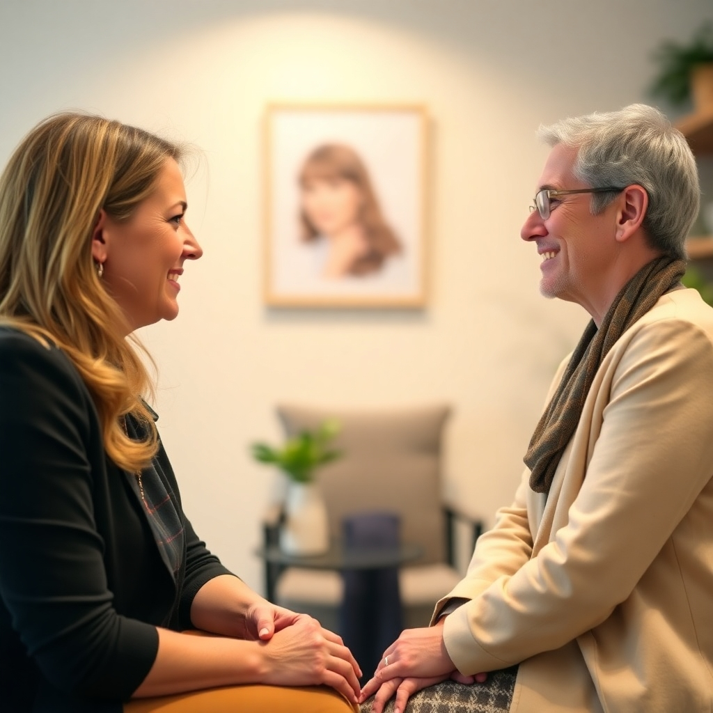 Create an image of a caring and supportive professional providing guidance to an individual. The setting should be a warm and inviting office. The color palette should be calming and reassuring. The focus should be on the connection between the consultant and the client.