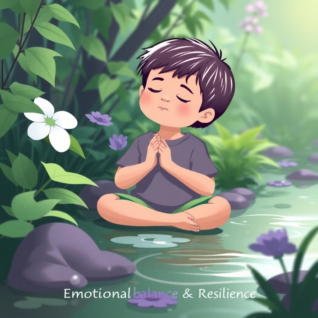Create an image of a child sitting peacefully in a garden, surrounded by calming elements such as flowing water and lush greenery. The child is taking deep breaths, practicing mindfulness. The color palette is muted and calming, with greens, blues, and purples dominating the scene. The lighting is soft and diffused, creating a sense of serenity and inner peace. Subtle graphical elements represent emotional balance and resilience.