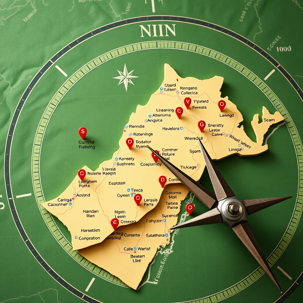 Create an image of a compass pointing towards a map of Virginia, with key locations marked for CBD resources and information. The compass symbolizes guidance and direction. The map should be detailed and informative. Lighting should be bright and clear. Color palette: Greens and browns, with accents of yellow and red. Camera angle: Overhead view, focusing on the compass and the map. Technical specs: 4K resolution, high quality.