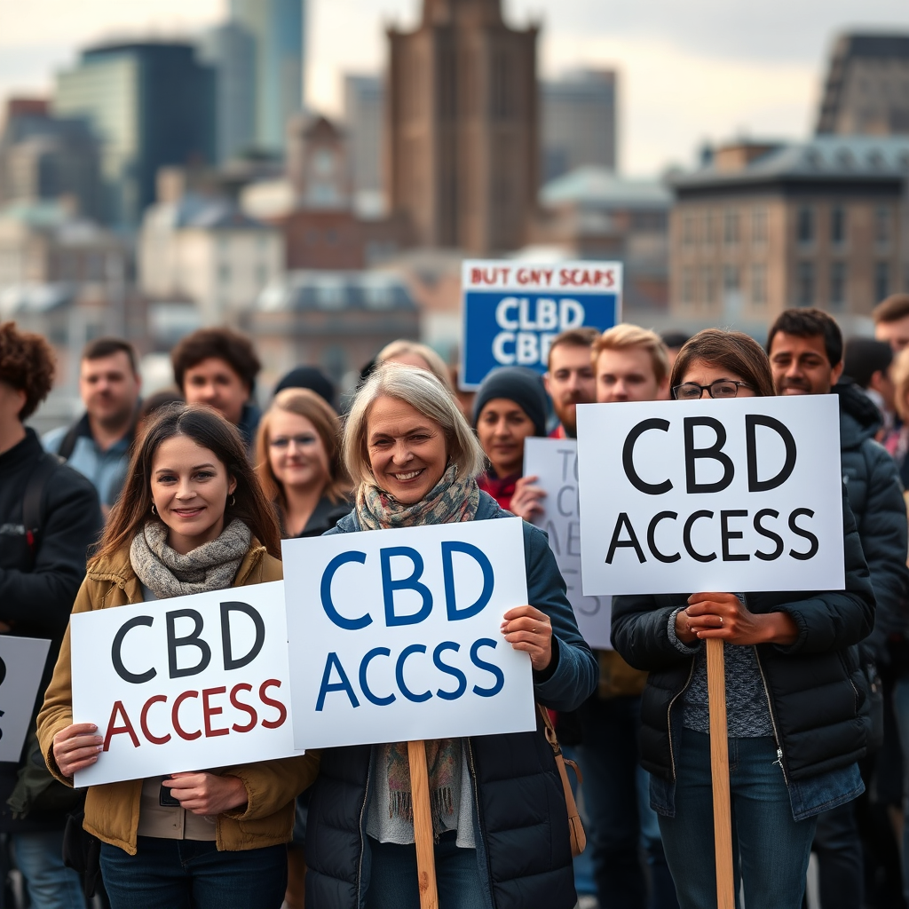 Create an image of a diverse group of people holding signs advocating for CBD access. The background is a blurred Norfolk cityscape. Style: Documentary-style photography. Technical specs: High quality, detailed rendering.