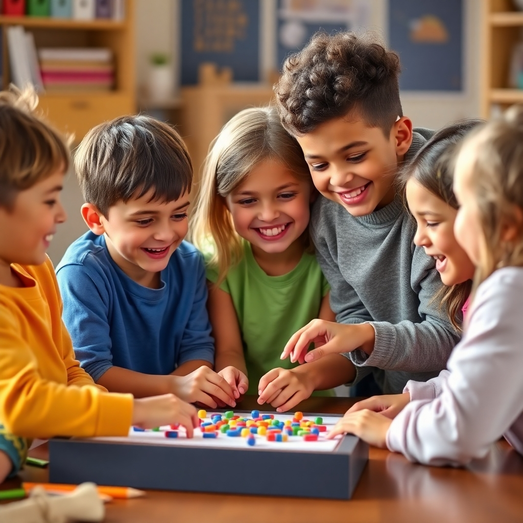 Create an image of a group of children working together on a collaborative project. They are smiling and laughing, showing support and encouragement for each other. The overall scene should convey teamwork, friendship, and positive social interaction. Use a warm and inviting color palette.