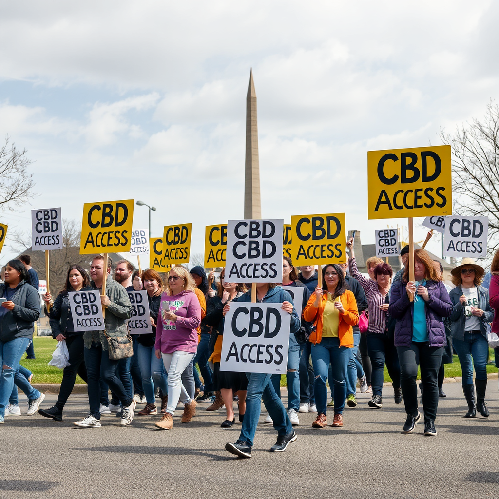 Create an image of a group of people marching with signs advocating for CBD access. The background is a recognizable landmark in Norfolk. Style: Documentary-style photography. Technical specs: High quality, detailed rendering.