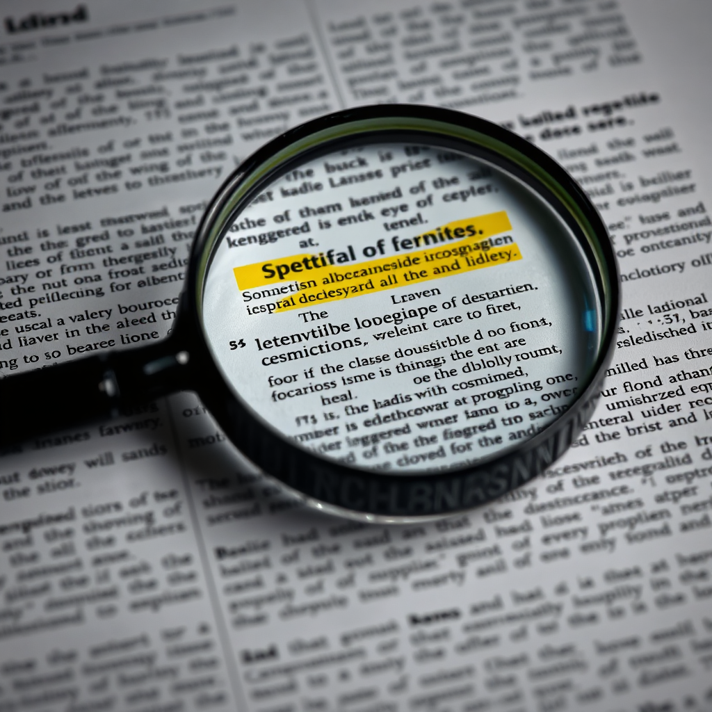 Create an image of a magnifying glass over a dense legal document filled with complex terminology. The magnifying glass should highlight key phrases and definitions. The lighting should be focused on the area under the magnifying glass. Color palette: Primarily black and white, with highlights in yellow. Camera angle: Close-up, focusing on the text and the magnifying glass. Technical specs: 4K resolution, high quality.