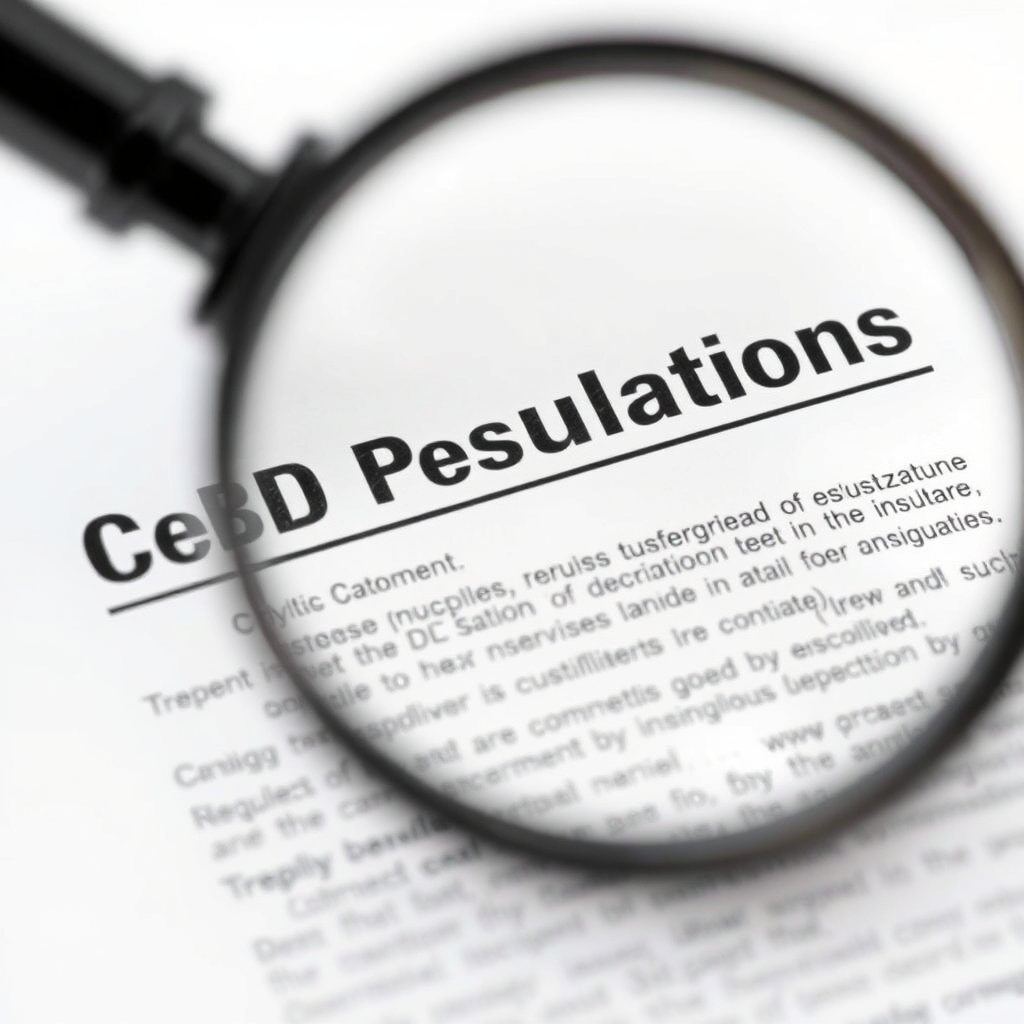 Create an image of a magnifying glass over a document labeled 'CBD Regulations.' The text is blurred except for key phrases highlighting the ban. Style: Investigative journalism style. Technical specs: High quality, detailed rendering.