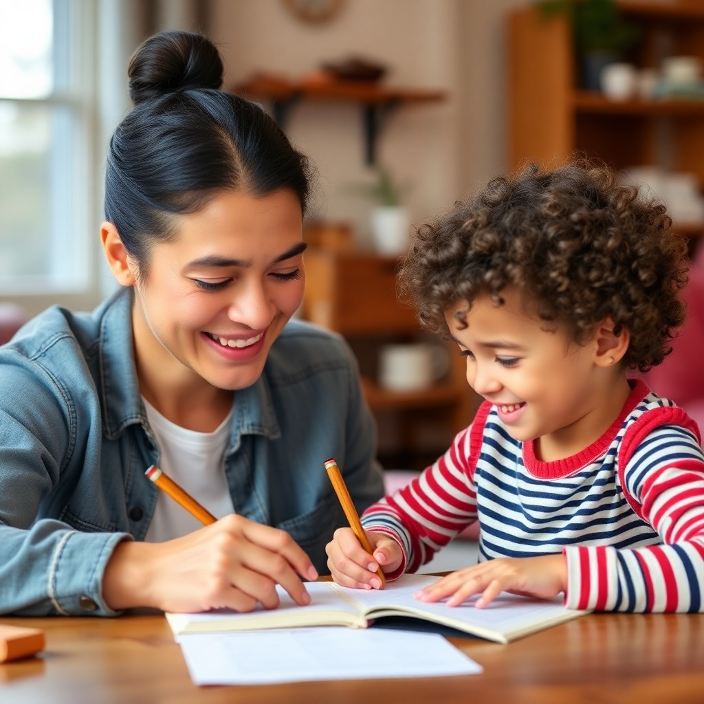 Create an image of a parent and child working together on affirmations. They are both smiling and engaged, demonstrating a strong connection. The setting is a warm and inviting home environment. Focus on showcasing the supportive and empowering role of the parent.