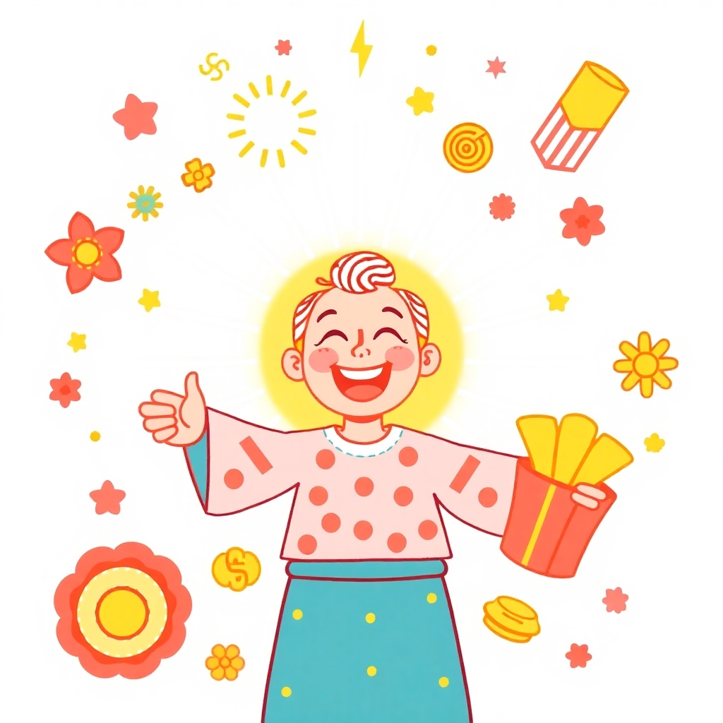 Create an image of a person radiating joy and happiness, surrounded by symbols of positivity and good fortune. The colors are bright and cheerful, creating a sense of lightness and fun. Style: Stylized, whimsical.