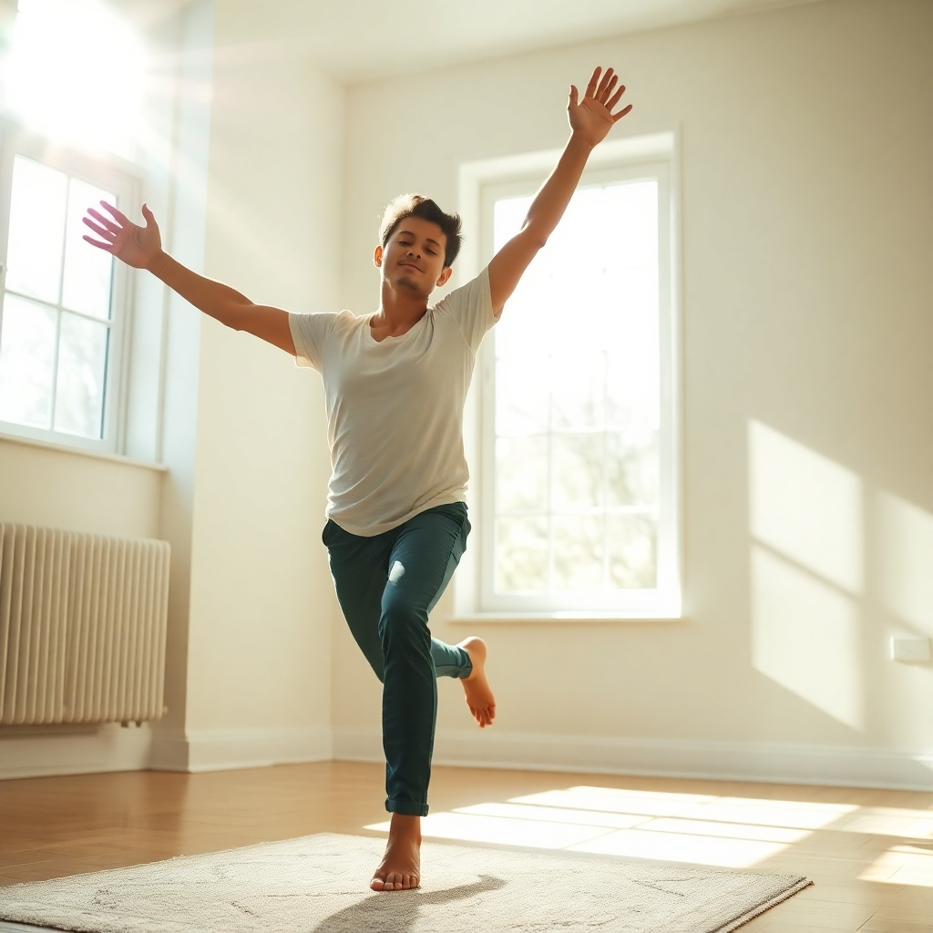 Create an image of a person stretching energetically in a bright, sunlit room. The focus is on their vibrant energy and the feeling of invigoration. Light should be streaming in, creating a sense of optimism. Style: Photorealistic.