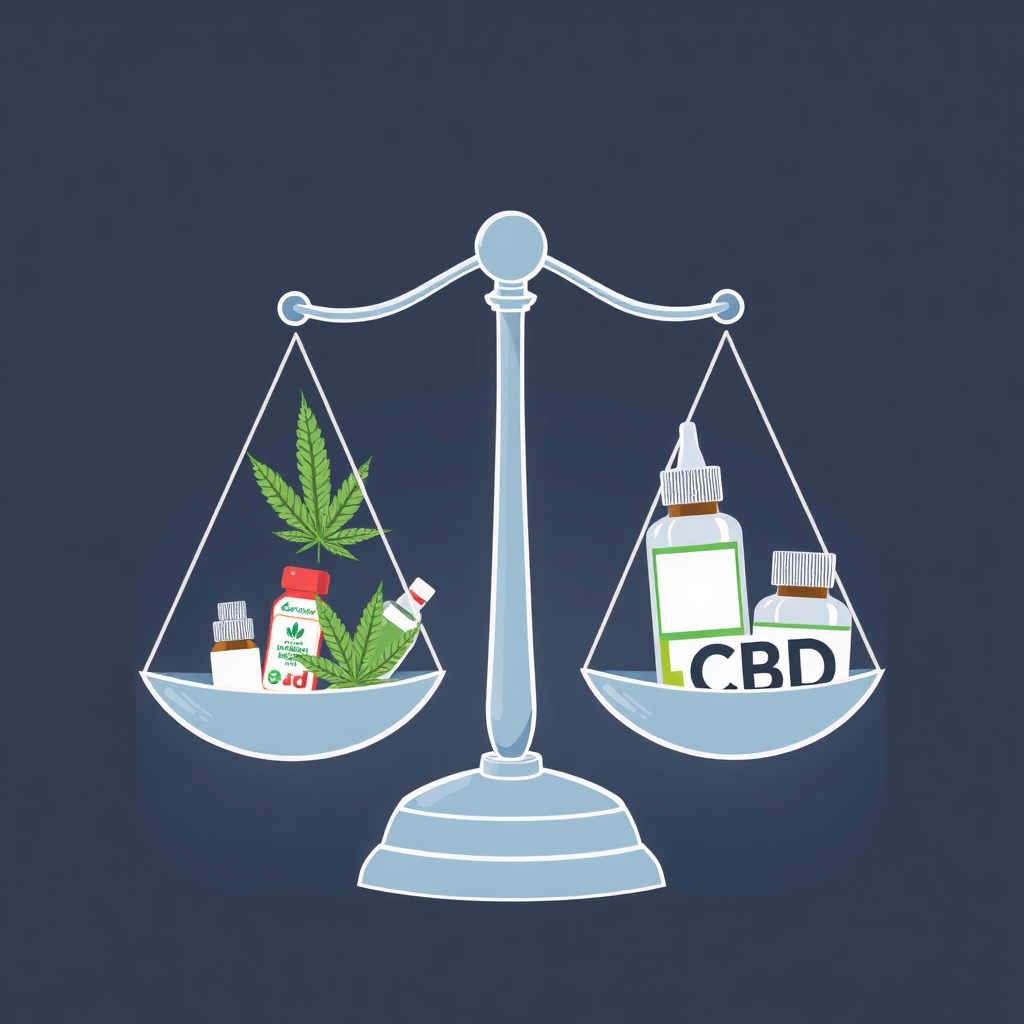 Create an image of a scale balancing cannabis and CBD products. The cannabis side is slightly heavier, but the CBD side shows signs of growth. Style: Symbolic illustration. Technical specs: High quality, detailed rendering.