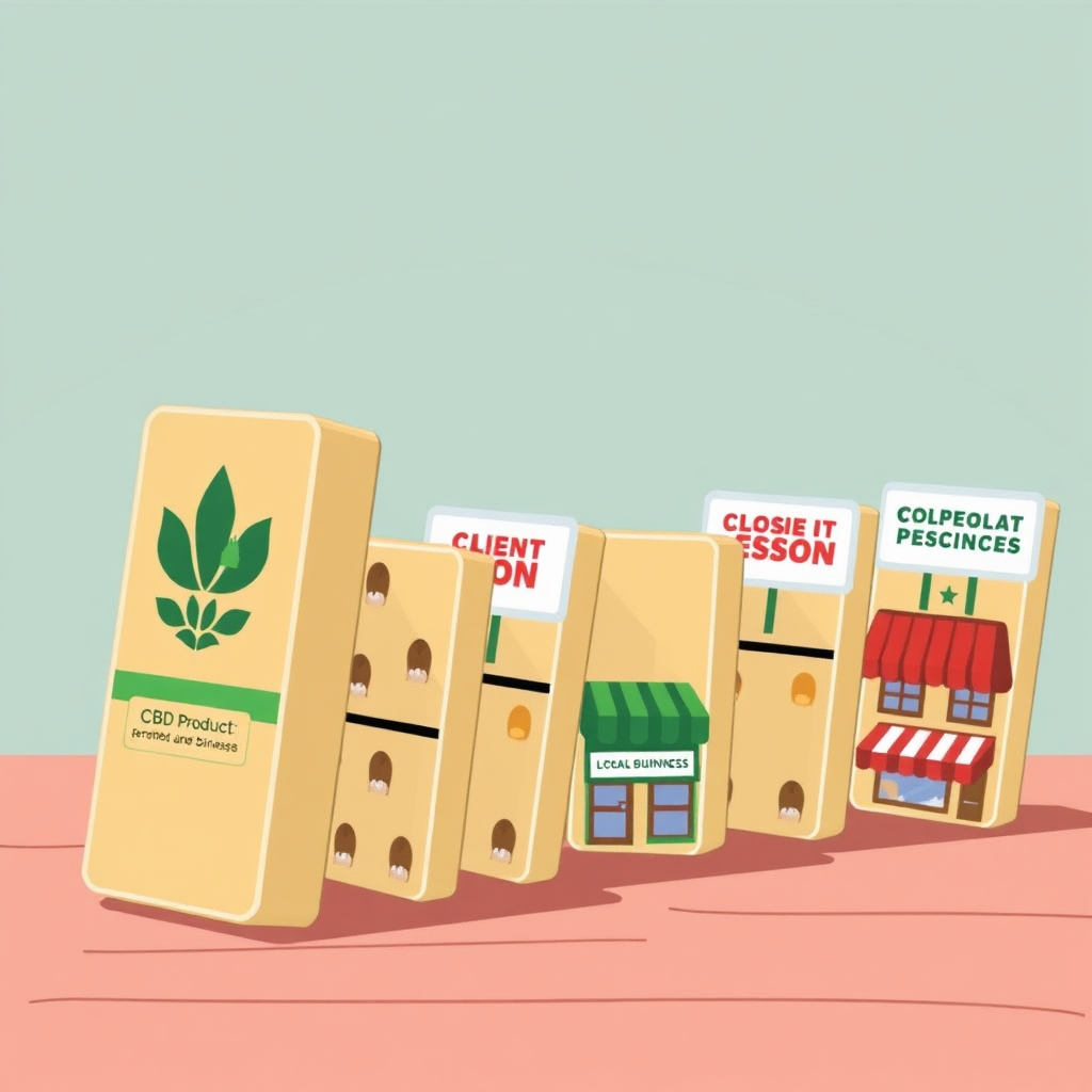 Create an image of dominoes falling, starting with a CBD product and leading to closing signs on local businesses. Style: Graphic illustration. Technical specs: High quality, detailed rendering.