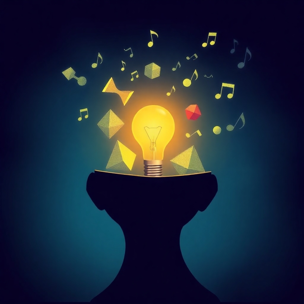 Create an image representing a child's mind being opened up to new knowledge. This could involve a symbolic image of a light bulb illuminating geometric shapes, combined with musical notes to represent the sound component.
