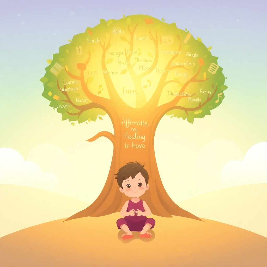 Create an image representing the core values of Kid Learning Affirmations. Imagine a stylized illustration of a young child sitting beneath a large, glowing tree. The tree's roots are formed by affirmations written in a playful font, its trunk emits soothing sound waves, and its leaves are shaped like educational symbols (books, pencils, musical notes). The child is depicted with a serene and focused expression, absorbing the positive energy from the tree. The background should be a soft, dreamy landscape with pastel colors and gentle lighting. The overall style should be whimsical and inspiring, reminiscent of illustrations from a children's storybook. Aim for a visually engaging and emotionally resonant image. Technical specs: 4K resolution, high quality, stylized illustration.