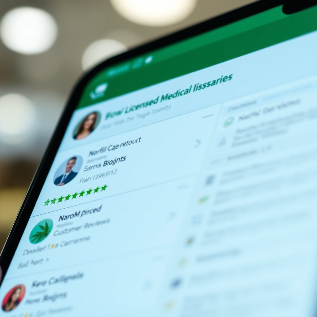 Create an image showcasing a digital interface that lists Norfolk's licensed medical dispensaries. Each dispensary has a profile with ratings, customer reviews, and a detailed product list. The lighting should be bright and clear, highlighting the information on the screen. The color palette is modern and professional, with shades of green, blue, and white. Camera angle is close-up, focusing on the screen details. Use a style similar to app interface photography. The overall feeling should be informative and user-friendly.